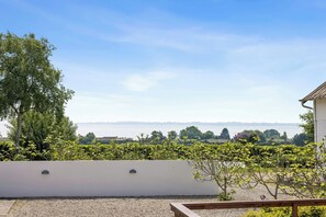 Blick auf ein Weinberg, eine weiße Mauer und ein Gebäude mit einem geneigten Dach.
