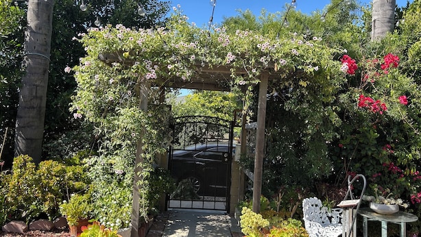 Een tuin met een pergola, een poort, plantenbakken en een witte bank.