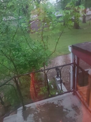 Blick von einem Balkon mit Geländer, einem Rasen und Bäumen.