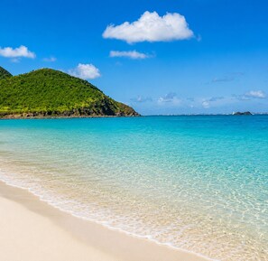 A beach with clear turquoise water, a sandy shore, and a green hill in the background. - 1-bedroom apartment, beachfront, in a complex with 3 pools and a garden (anse marcel)