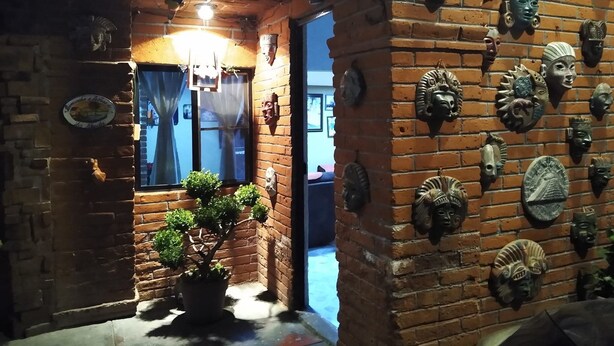Una habitación con paredes de ladrillo, una planta en maceta, una ventana con cortinas y varias máscaras colgadas en la pared.