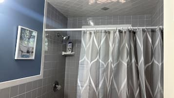Hair dryer, towels, soap, shampoo