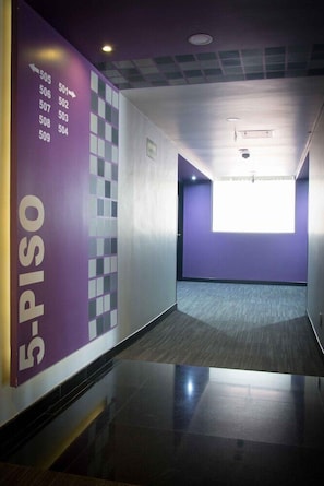 A hallway with a purple wall, a number list, and a window at the end. - Maxintimo Hotel (Mexico City)