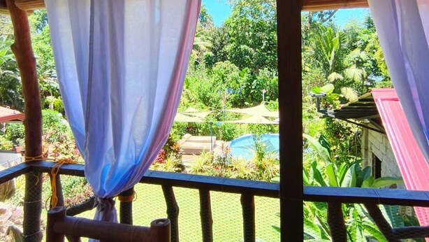 Un balcón de madera con vista a una piscina y abundante vegetación.