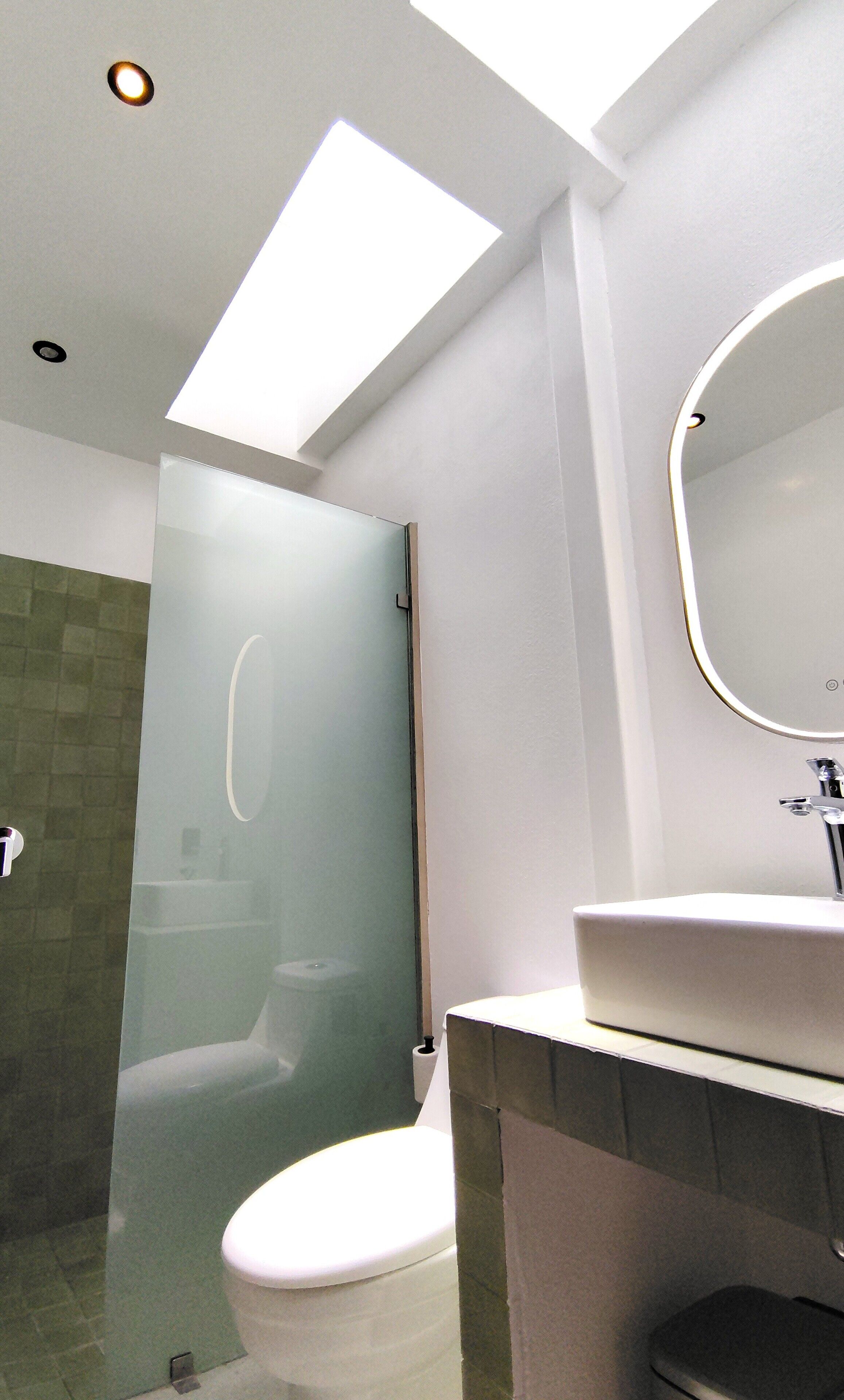 A modern bathroom with a skylight, a glass shower enclosure, a toilet, and a sink with a mirror.