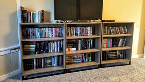 A room with a large flat-screen TV mounted on the wall, surrounded by wooden bookshelves filled with books and DVDs. - Pop-Culture Paradise  (Rossford)