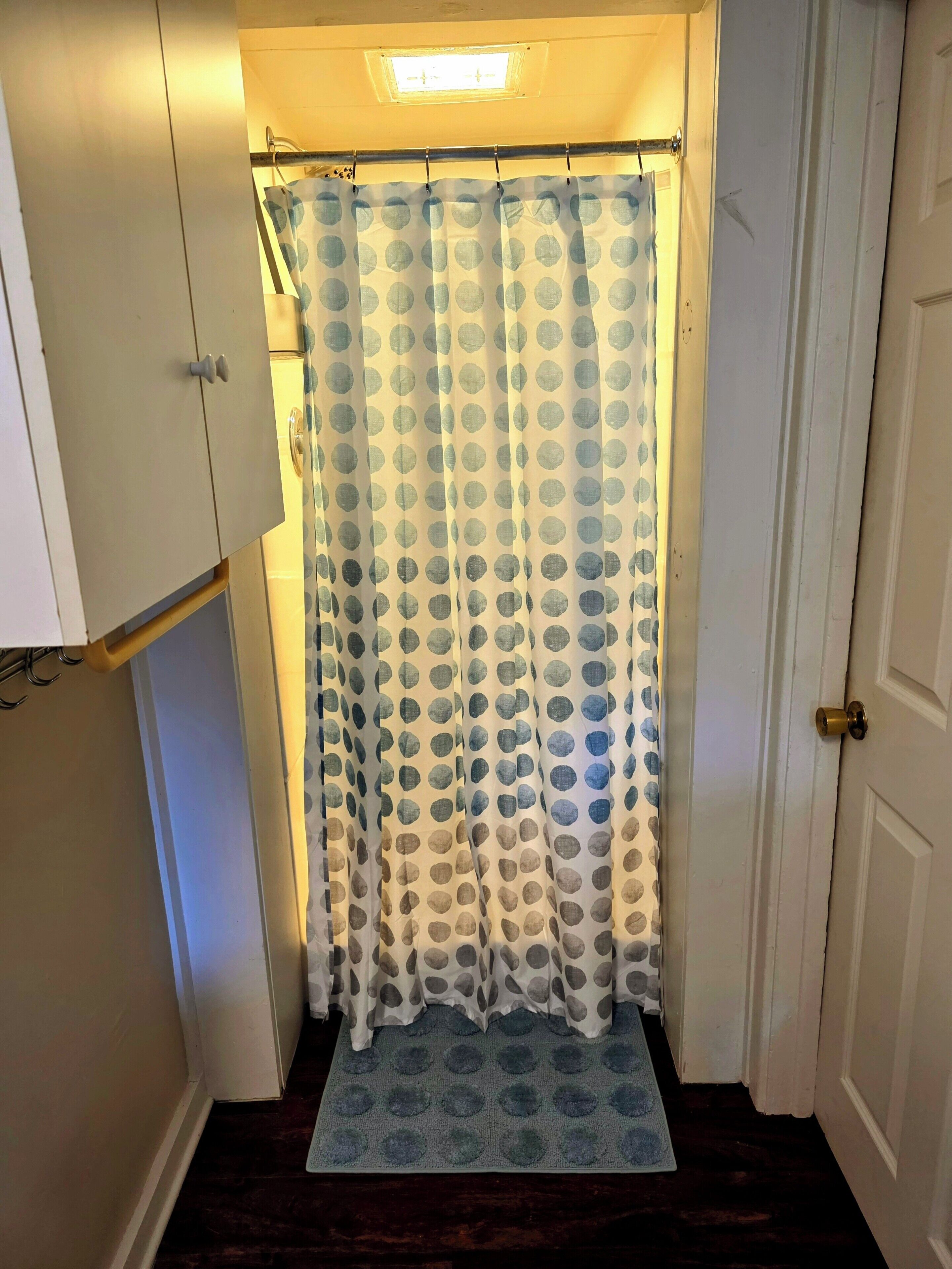 Un baño con cortina de ducha, una puerta y una alfombra pequeña en el suelo.