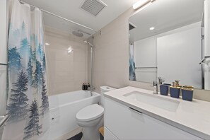 Shower, hair dryer, towels, toilet paper
