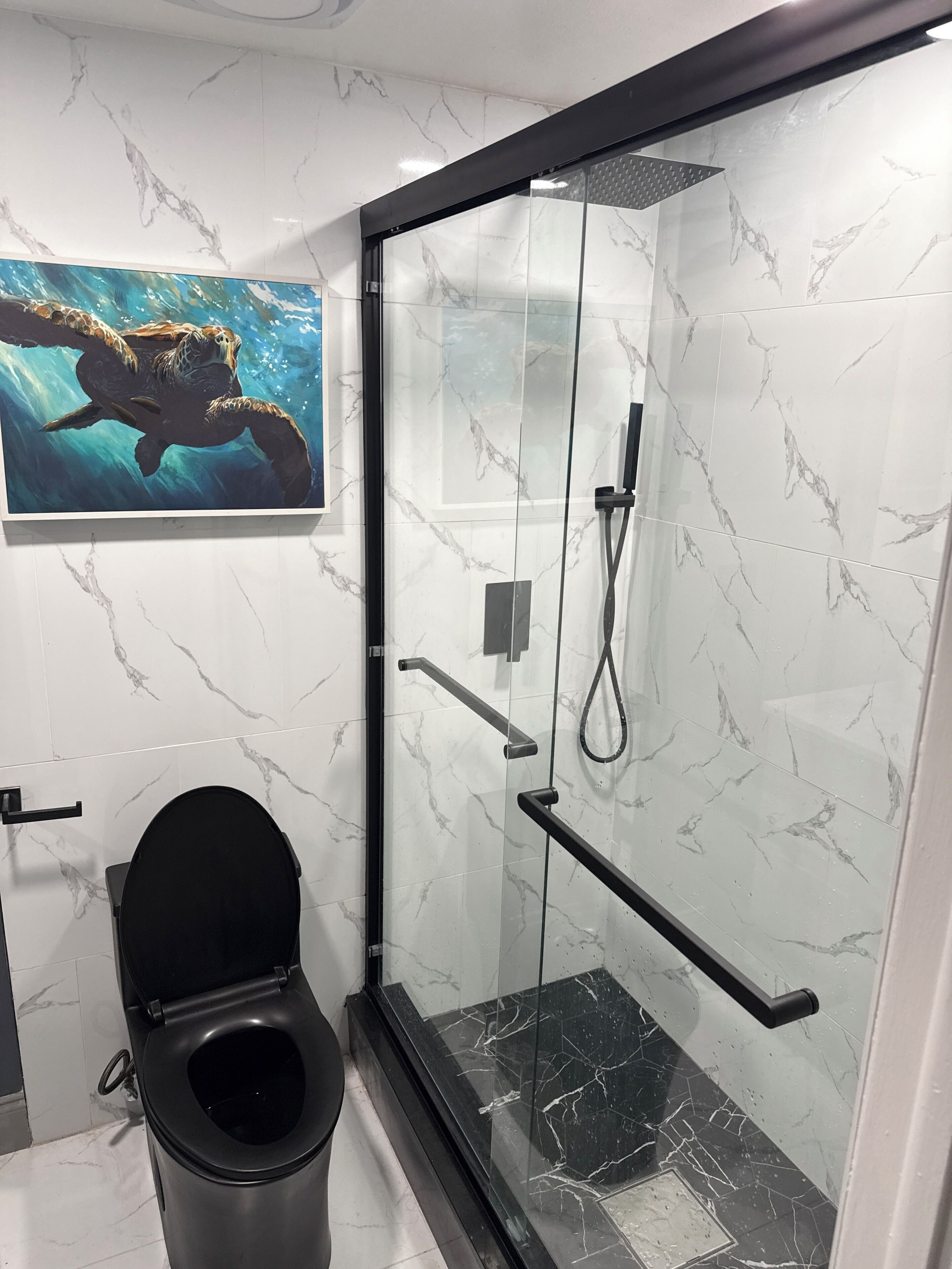 A bathroom with a glass-enclosed shower, a toilet, and a wall-mounted sink.