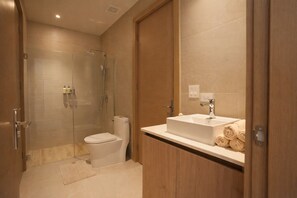 Hair dryer, towels, soap, toilet paper