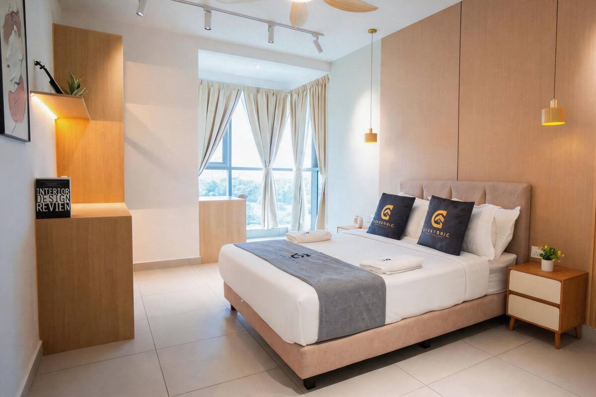 Quarto de hotel moderno com uma cama grande, mesa de cabeceira, luminária na parede e uma janela com cortinas.