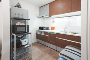 Fridge, microwave, stovetop, electric kettle