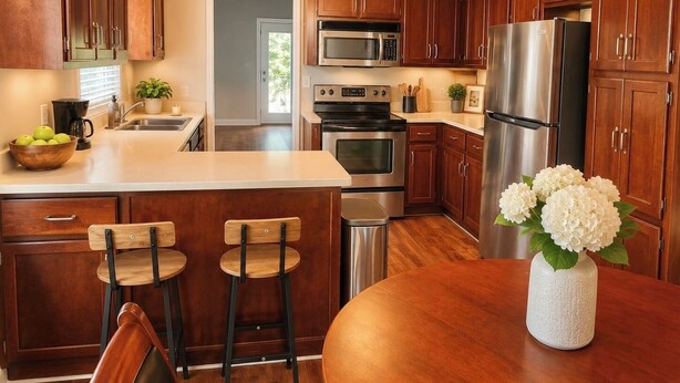 A kitchen with wooden cabinets, stainless steel appliances, a central island with stools, and a vase with flowers. -      Walk to Downtown Madison Near Redstone & NASA (Madison)