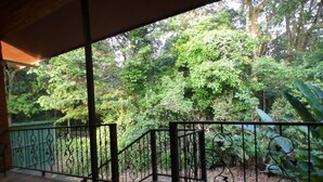 A covered outdoor area with a metal railing, a stone floor, and a view of dense greenery. - Spacious Monteverde Bird-watchers Home (Monteverde)