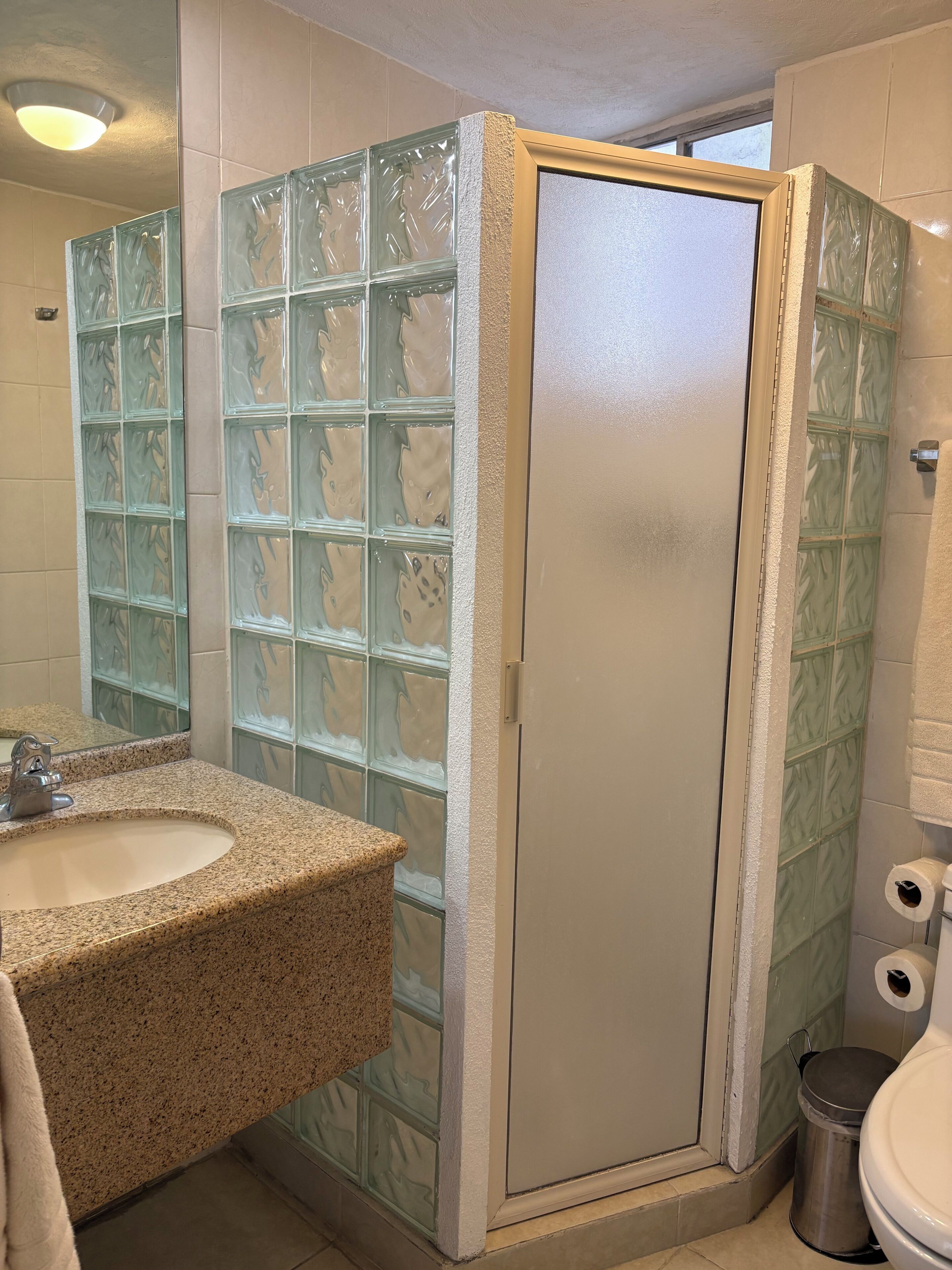 Hair dryer, towels, soap, toilet paper