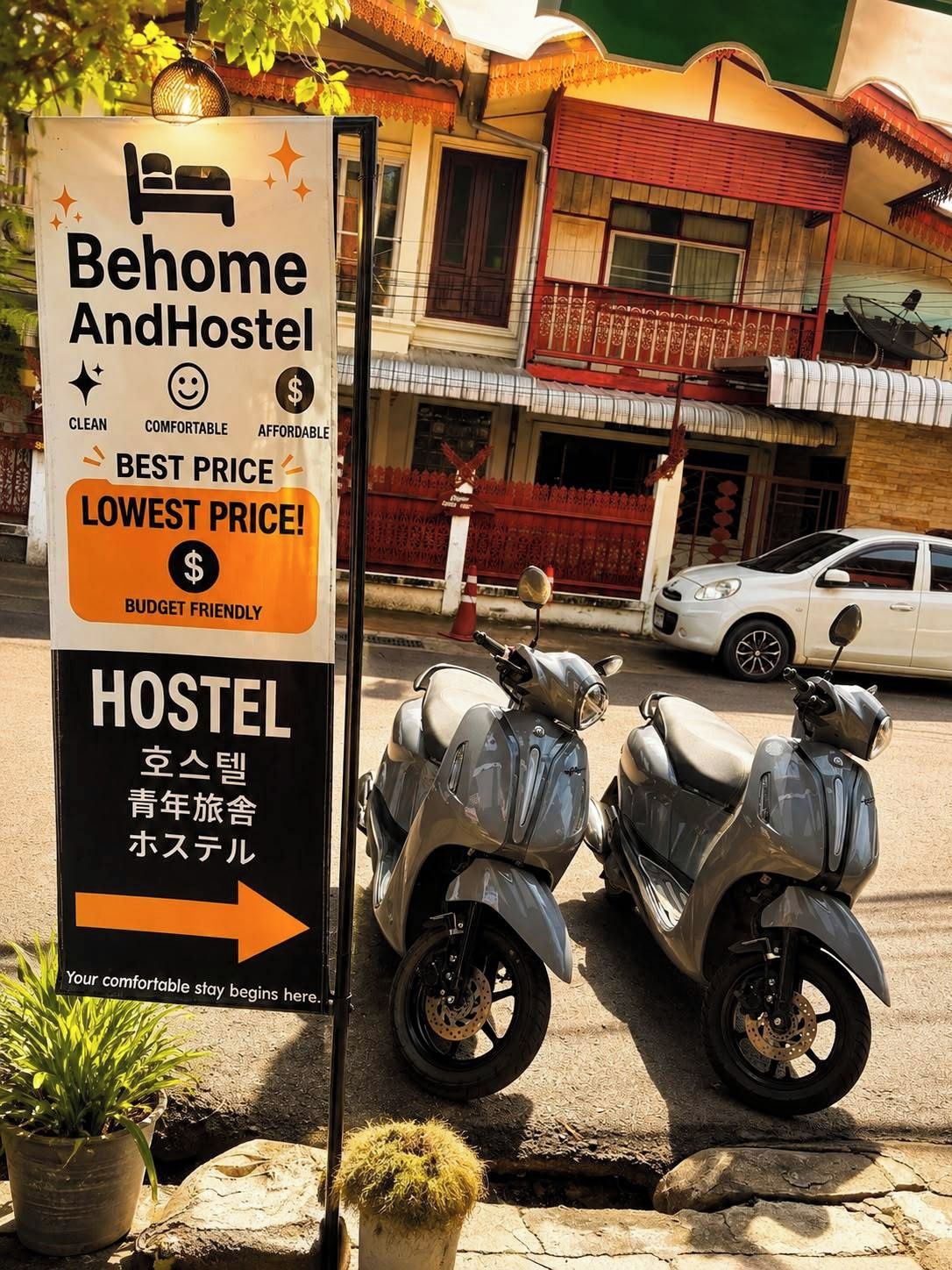 Een hostelbord met een bedpictogram, wat een verblijfplaats voor reizigers aangeeft.