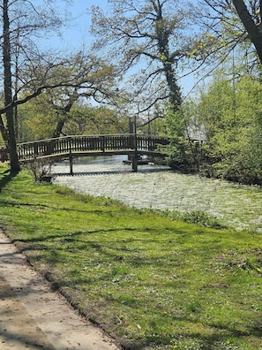 A wooden bridge over a pond, surrounded by trees and grass. - Villa Augusta at the Kurpark (Bad Salzuflen)