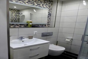 Secadora de cabello, toallas, jabón, papel de baño 