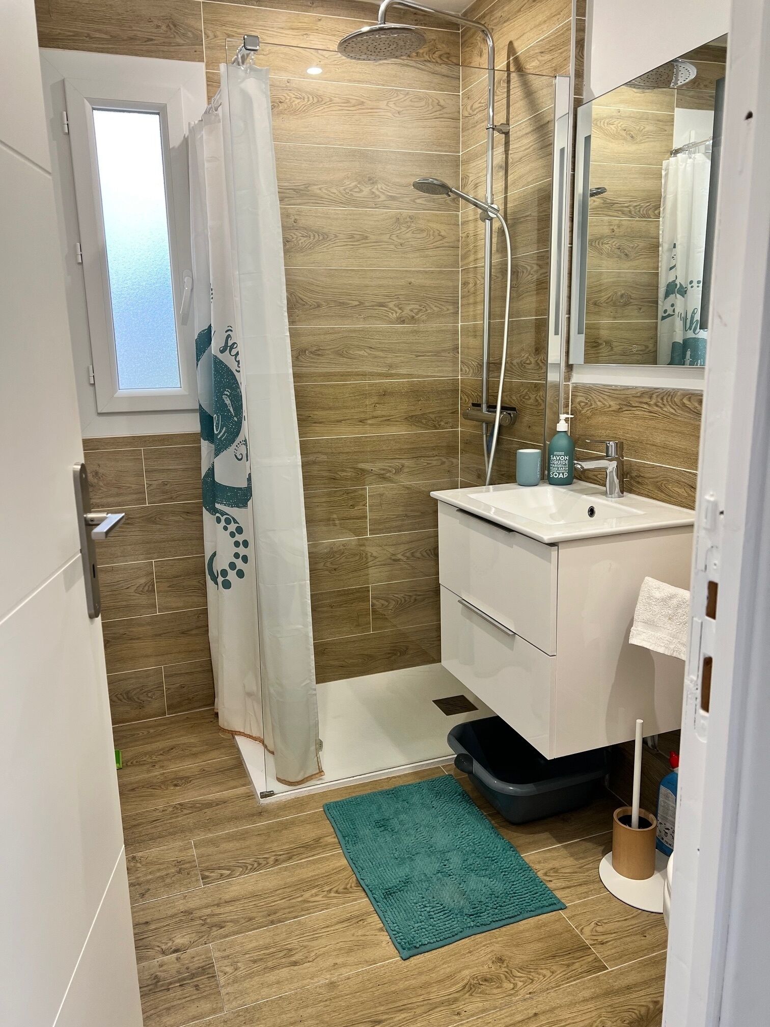 Shower, hair dryer, towels, toilet paper