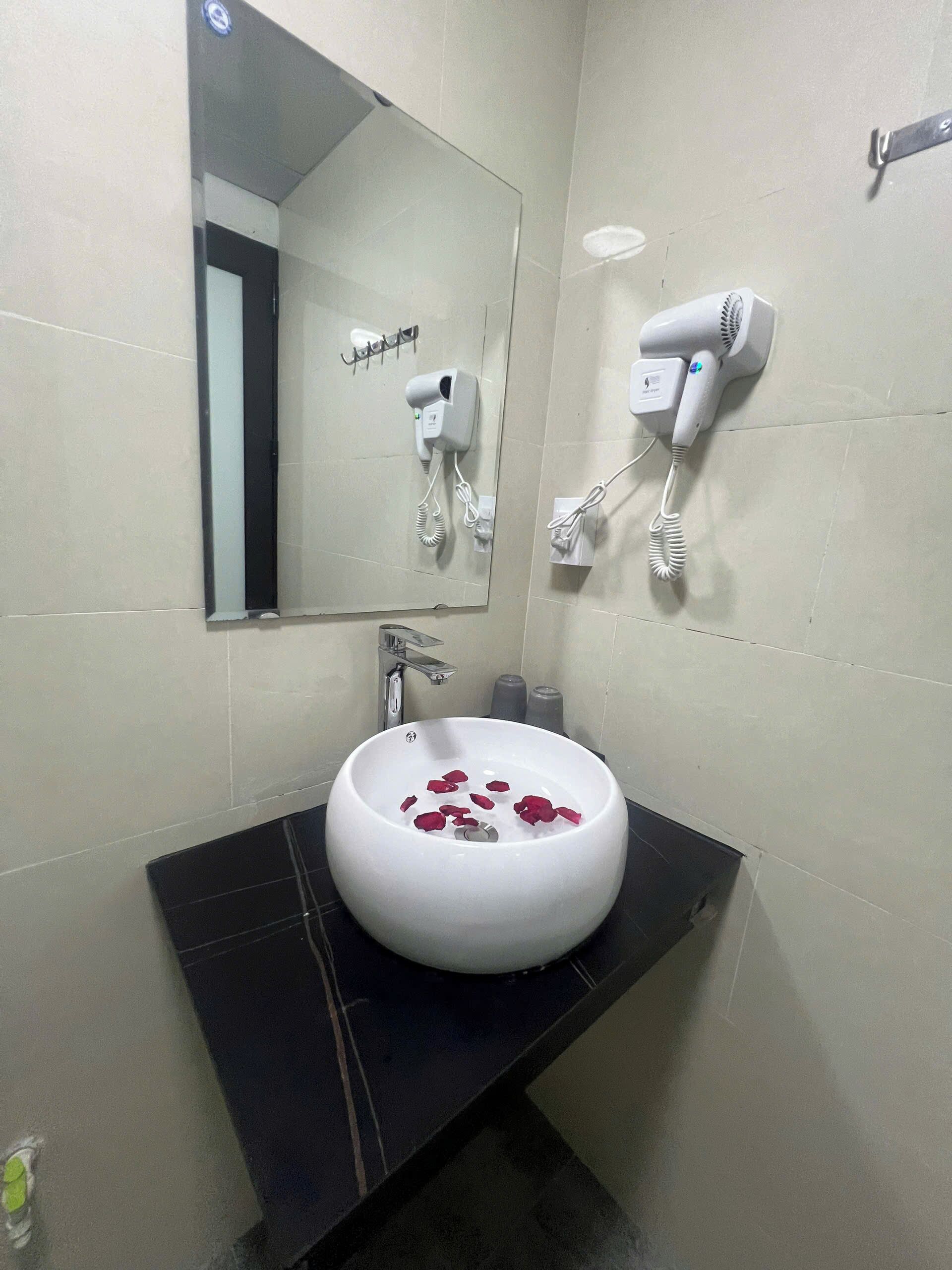 A bathroom with a round white sink, a mirror, a hairdryer, and a towel rack.