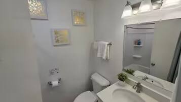 Hair dryer, towels, soap, toilet paper