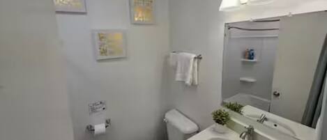 Secadora de cabello, toallas, jabón, papel de baño