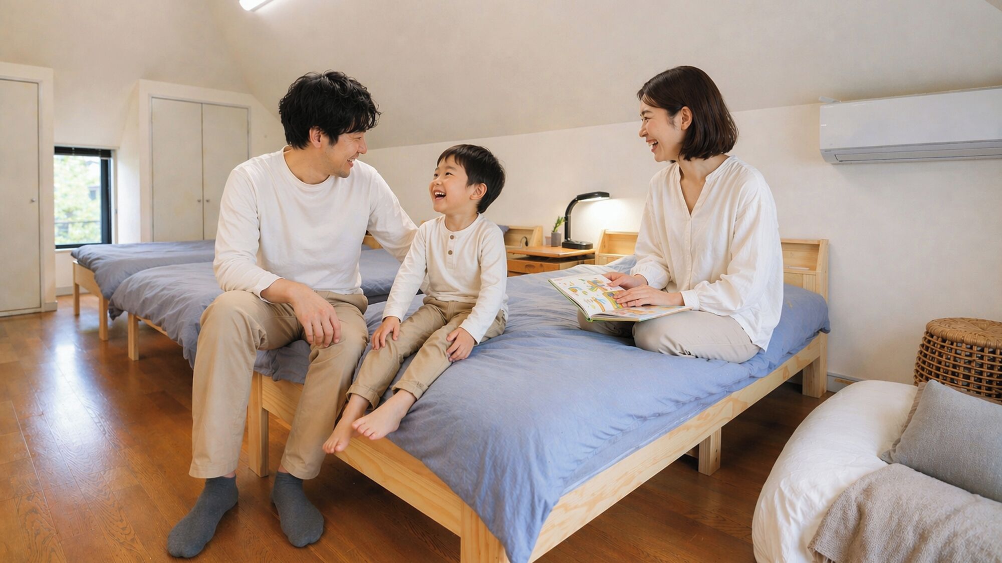 A room with a bed, a bedside table with a lamp, and a window.