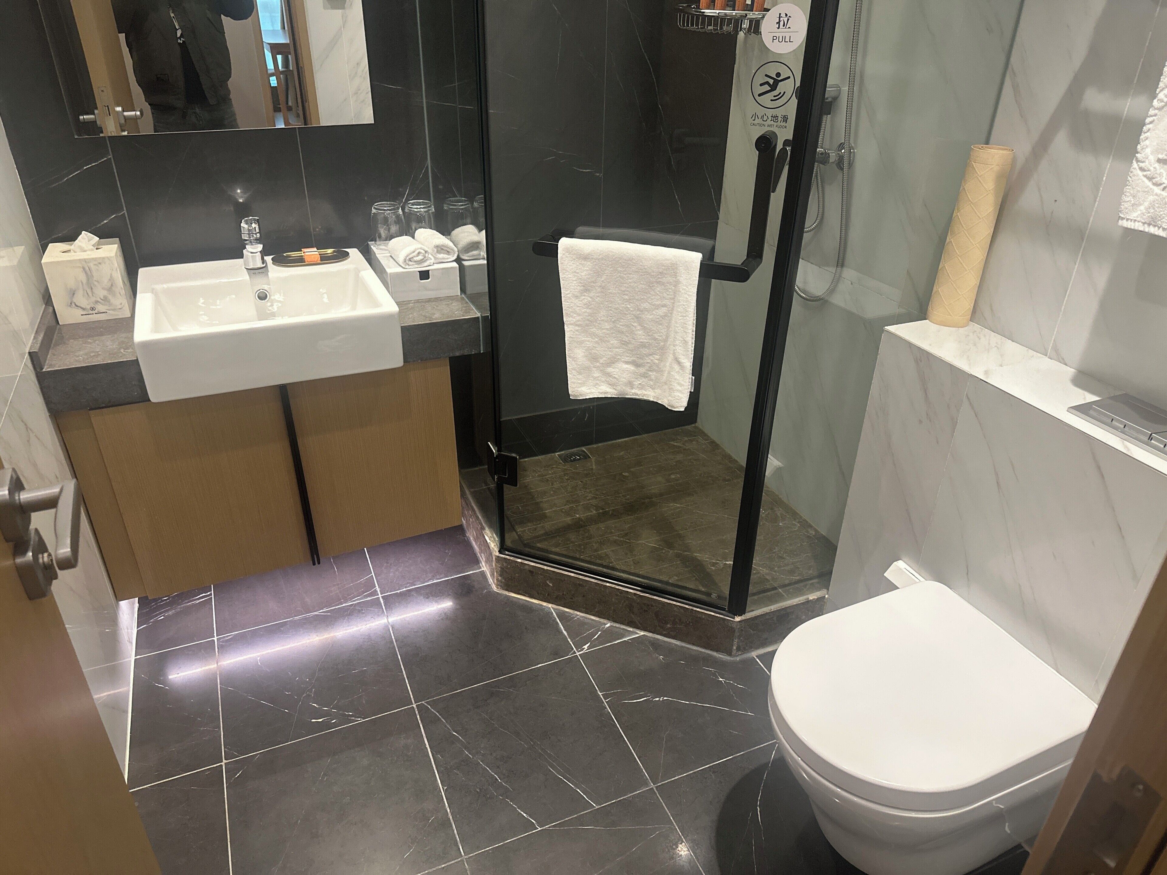 A modern bathroom with a glass-enclosed shower, a white sink, and a toilet.