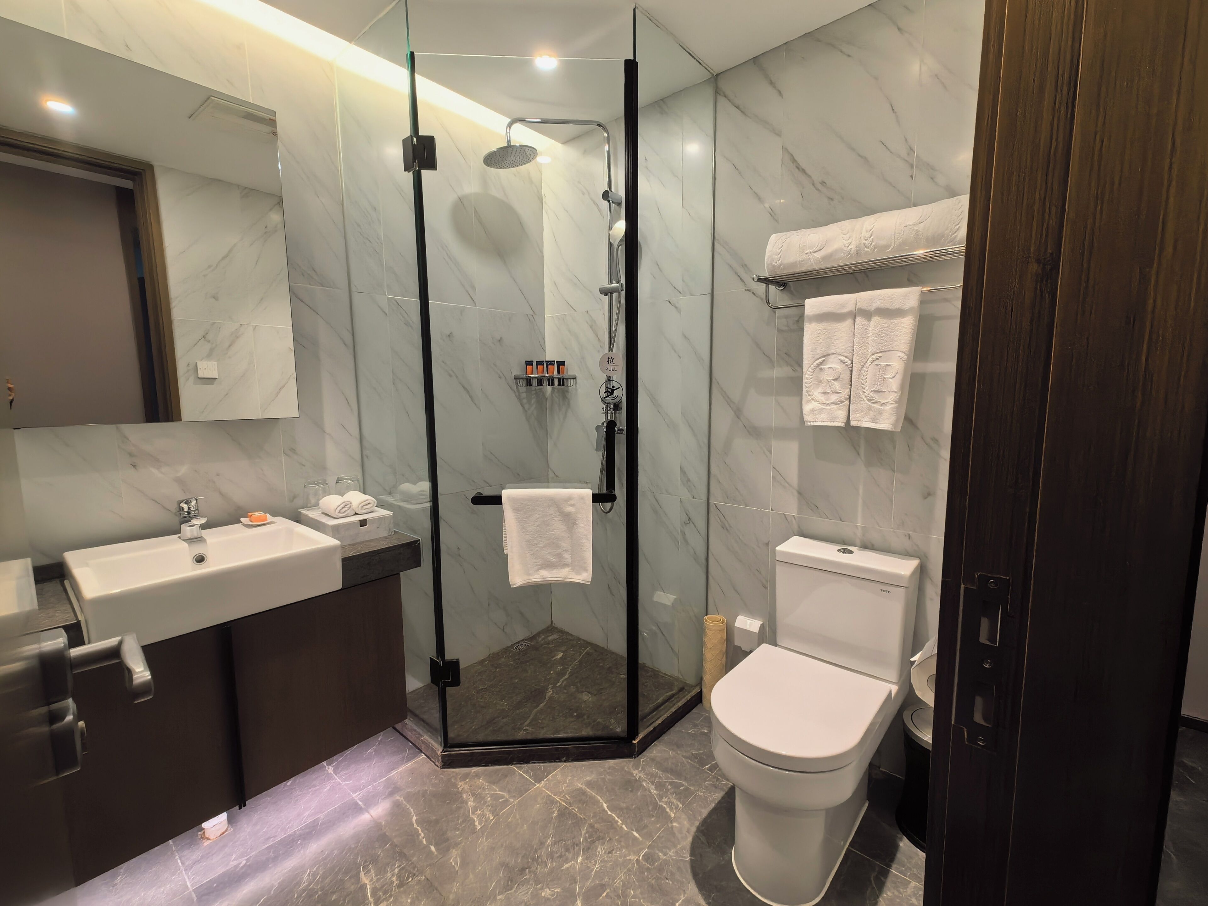 Une salle de bain moderne avec une douche à parois de verre, des toilettes, un lavabo avec des articles de toilette et un porte-serviettes.