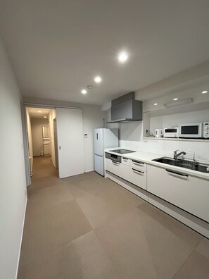 Frigorífico, microondas, horno y placa de cocina
