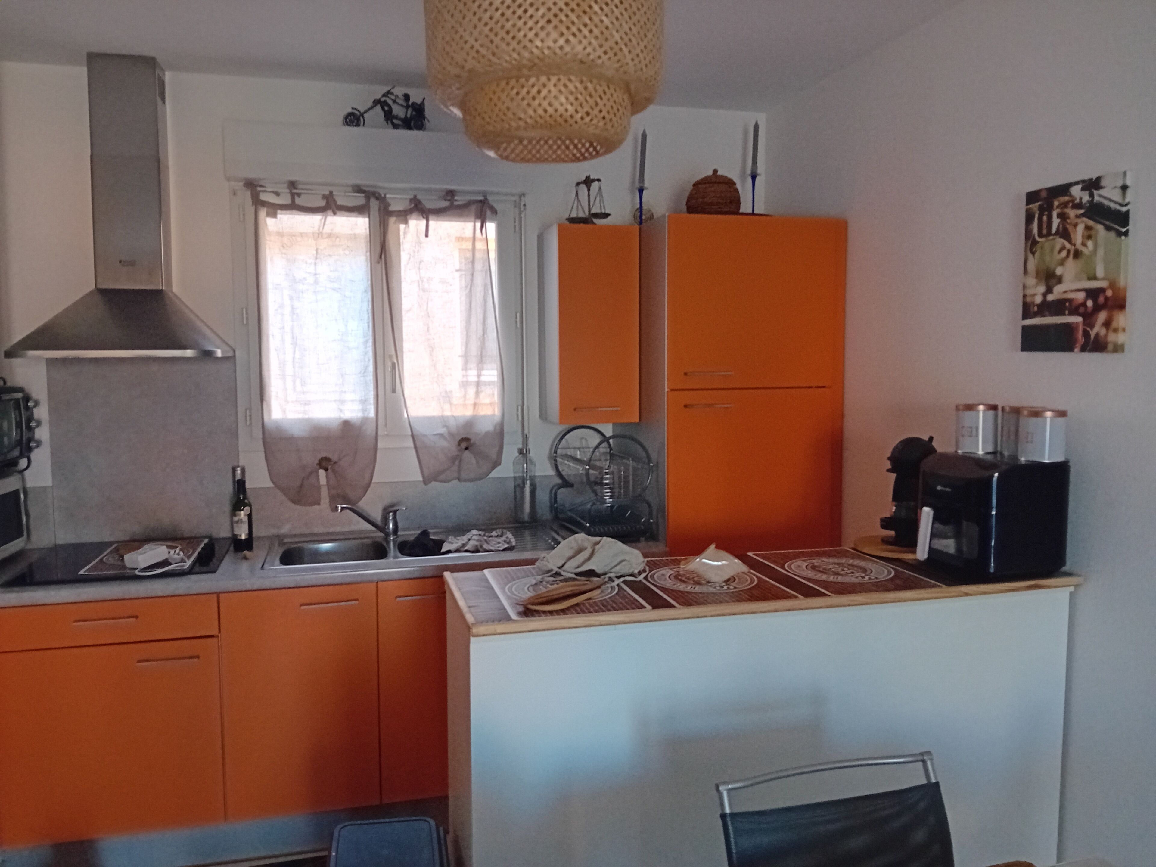 Una cuina compacta amb armaris taronja, una campana extractora d'acer inoxidable, un rentaplat i una cafetera.