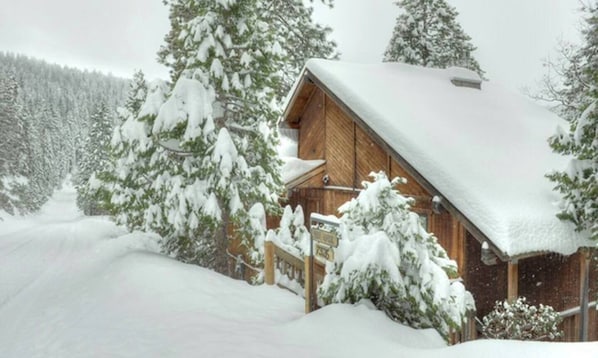 Une cabane en bois dont le toit est recouvert de neige, entourée d’arbres chargés de neige et s’inscrivant dans un paysage hivernal.