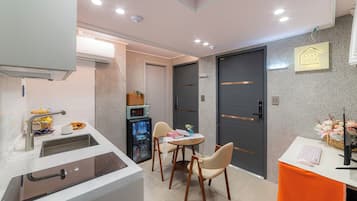 Mini-fridge, microwave, toaster