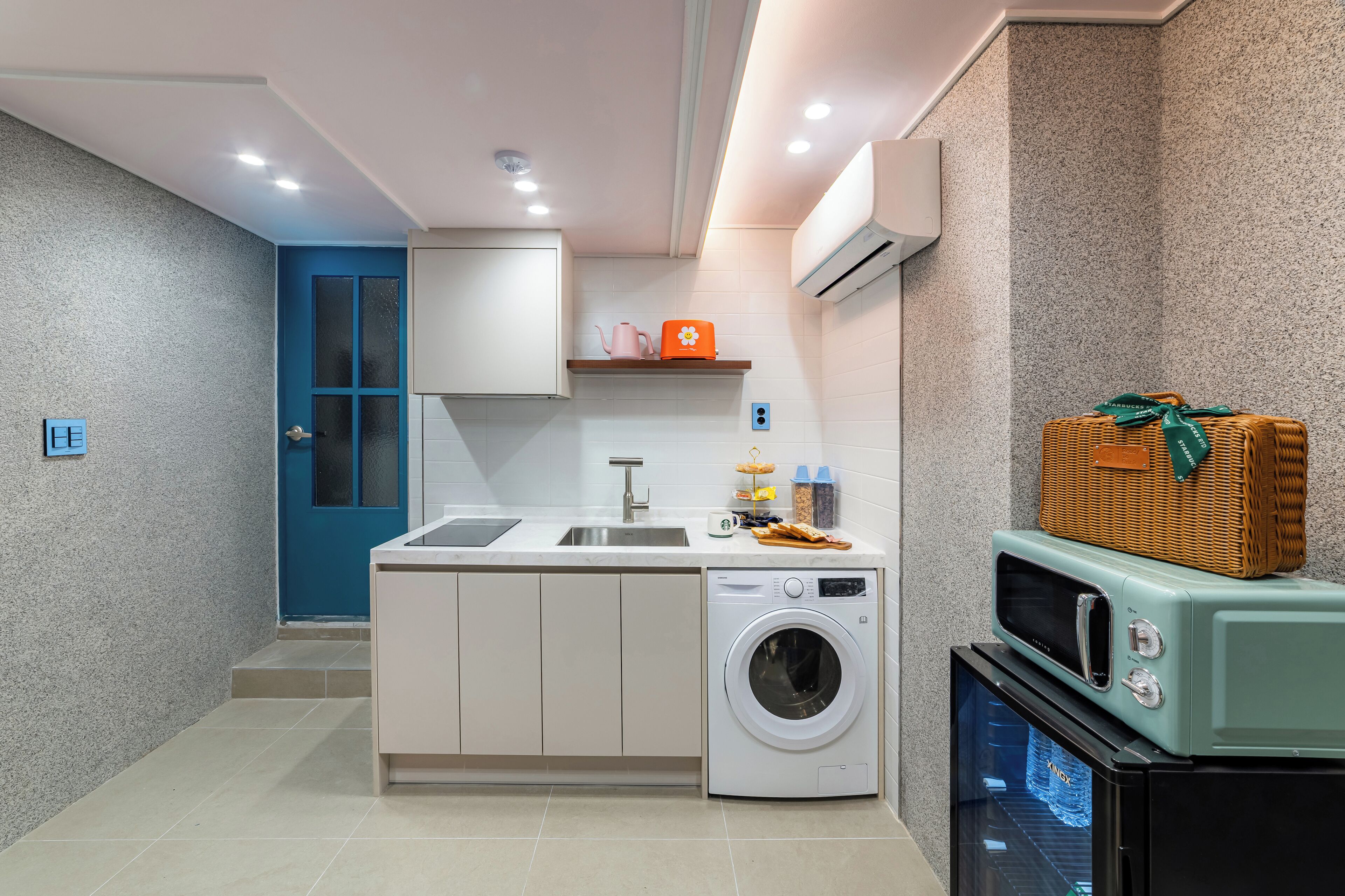 Mini-fridge, microwave, toaster
