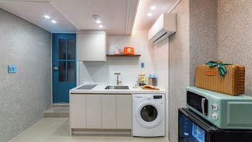 Mini-fridge, microwave, toaster