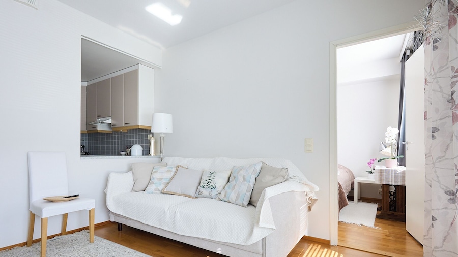 Bright 1BR Apt with Sauna & Balcony