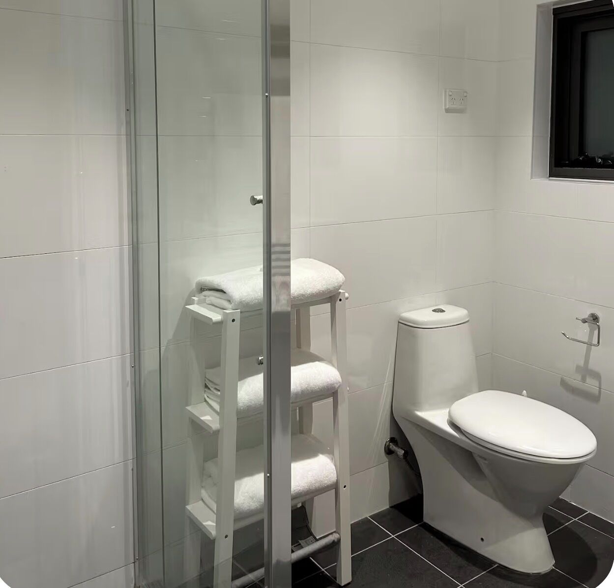 Regadera, toallas, papel de baño 