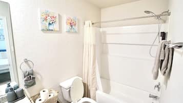 Hair dryer, towels, soap, toilet paper