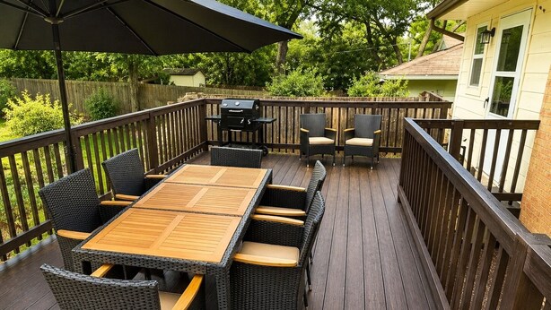 A deck with a wooden table and wicker chairs, a grill, and a covered area with an umbrella.