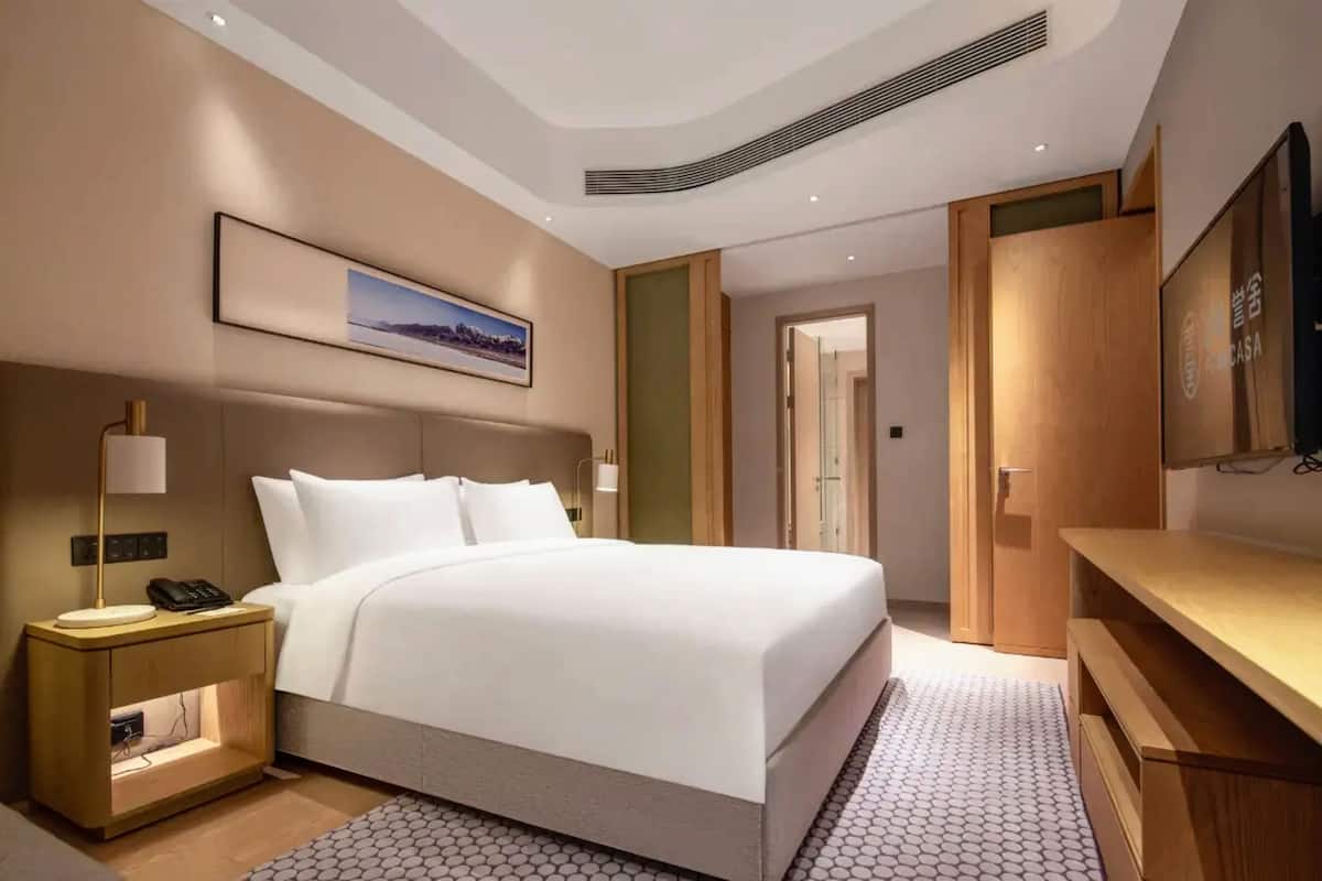 Une chambre d’hôtel moderne dotée d’un grand lit, d’une table de chevet avec une lampe, d’un téléviseur à écran plat et d’une armoire en bois.