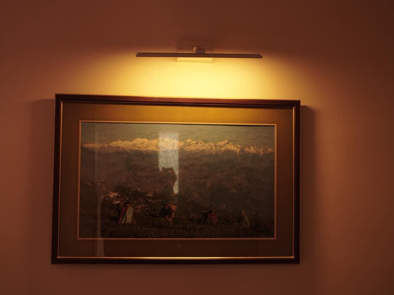 Un tableau encadré est accroché au mur, et une lampe est placée au-dessus.