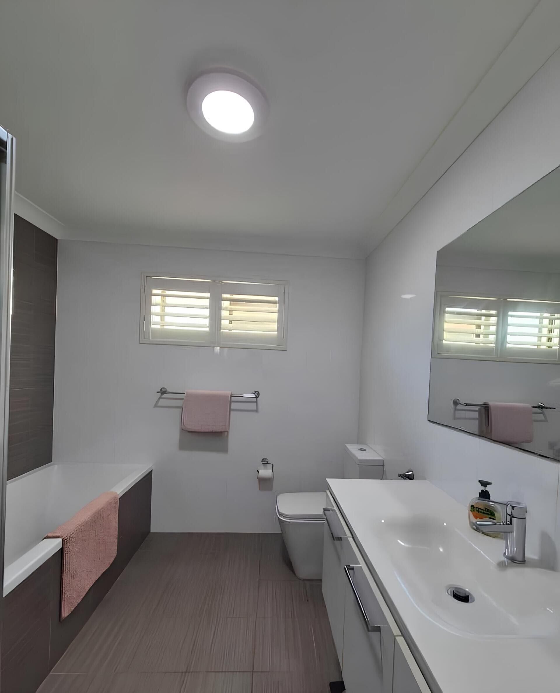 Shower, towels, soap, toilet paper