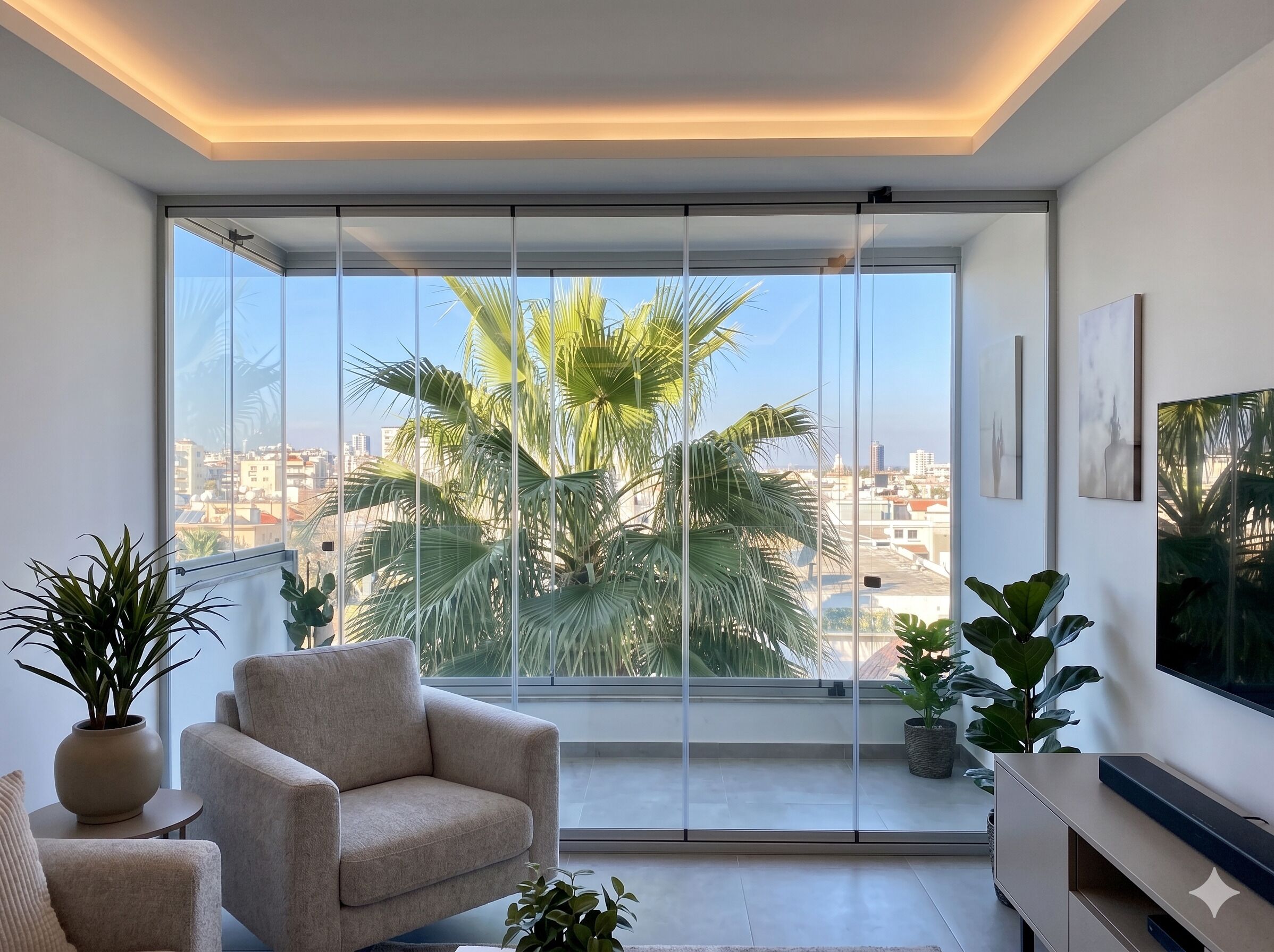 Uma sala de estar moderna com uma janela grande, um sofá, uma televisão e plantas em vasos.