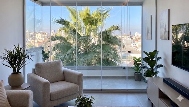 Ein modernes Wohnzimmer mit großem Fenster, einer Couch, einem Fernseher und Topfpflanzen.