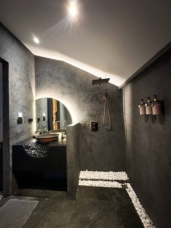 Shower, hair dryer, towels