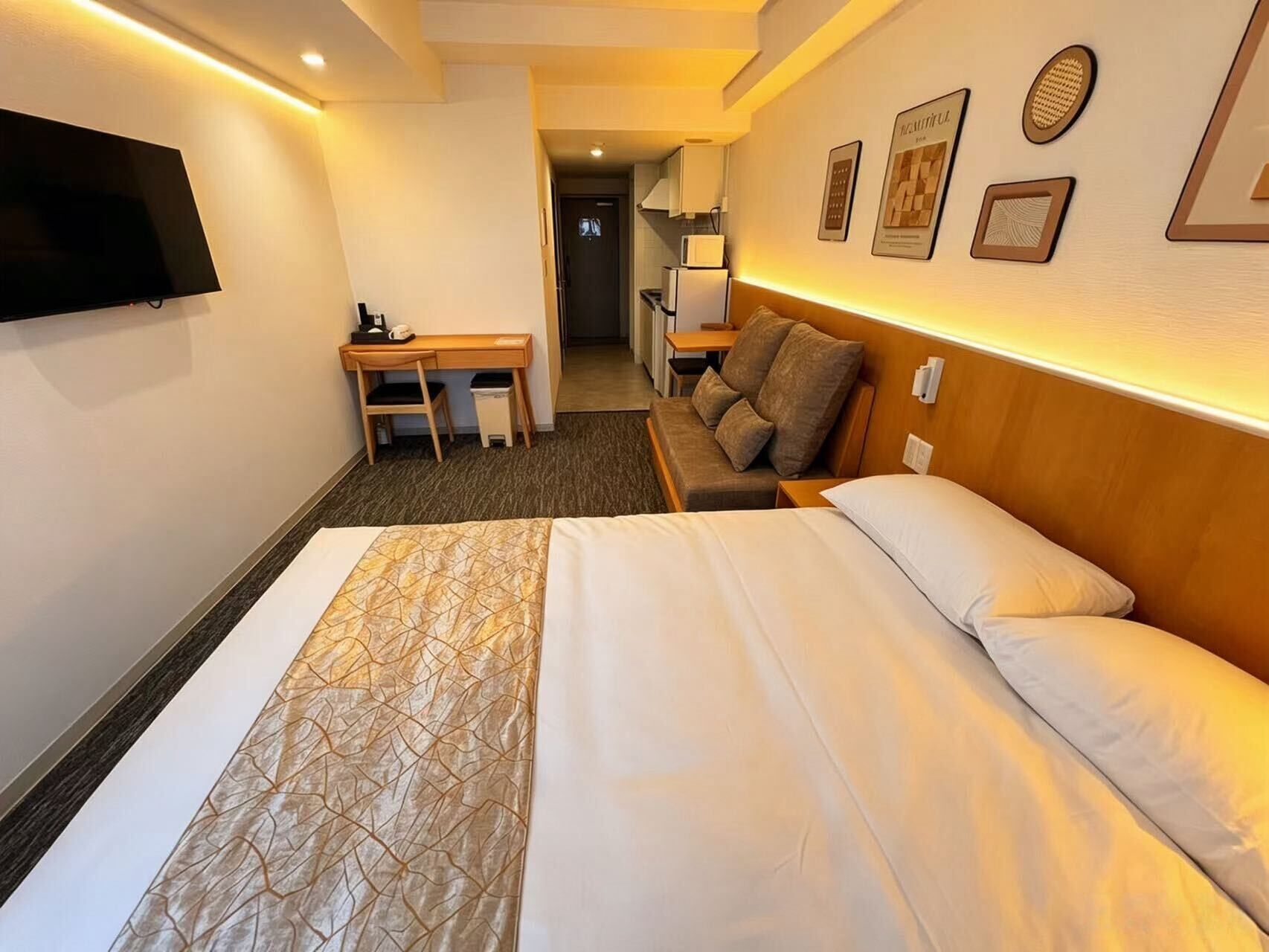Down duvets, desk, blackout curtains, iron/ironing board