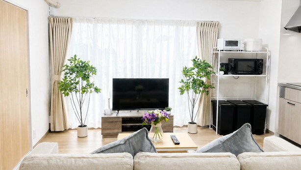 Una sala de estar moderna con un televisor de pantalla plana, un sofá, una mesa de centro y dos plantas en macetas.