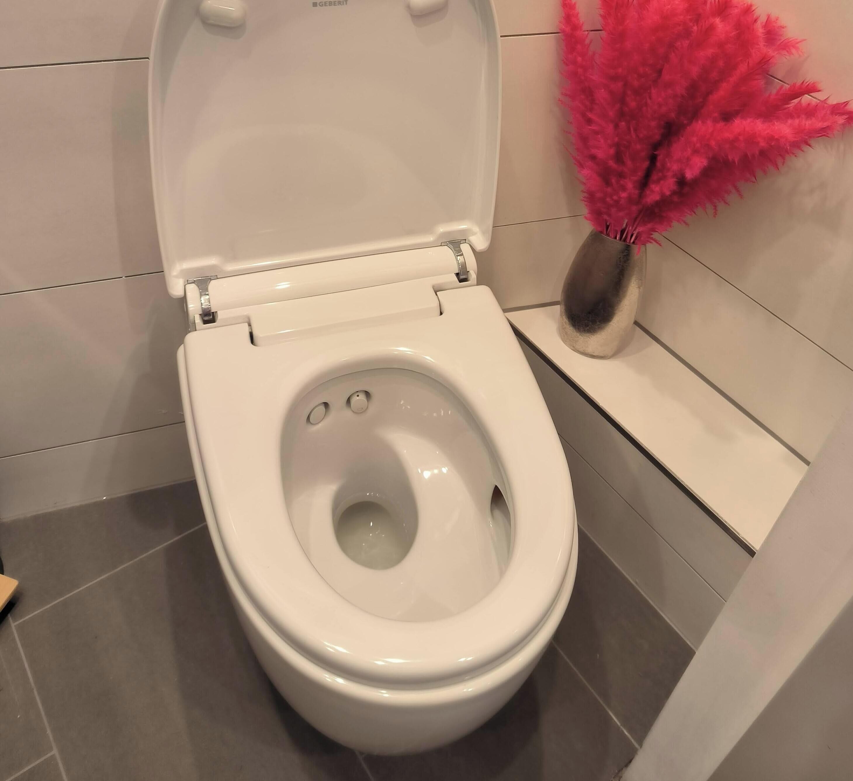 Des toilettes blanches avec un abattant fermé, une commande de chasse d’eau fixée au mur et un objet décoratif rose accroché au mur.