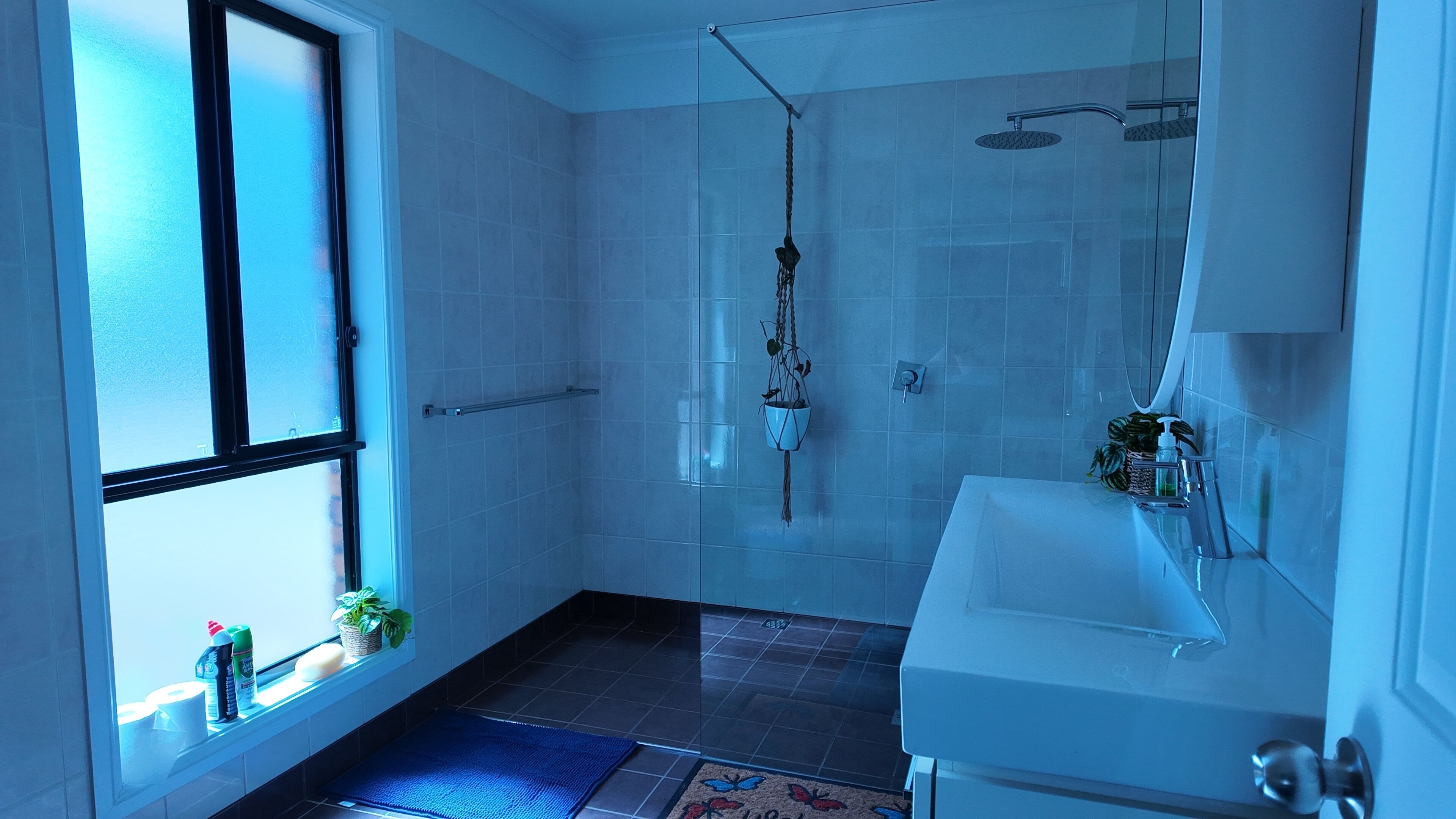 A bathroom with a shower, sink, and window.