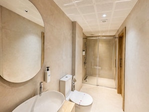 Deluxe Twin Room | Bathroom | Shower, hair dryer, towels, soap